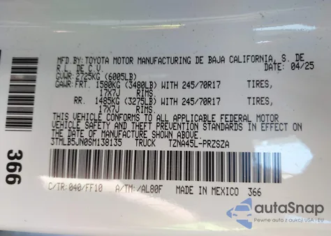 2025 Toyota Tacoma Sr5 z USA, uszkodzony, nr VIN 3TMLB5JN0SM138135